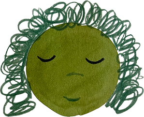 Green curly-haired face illustration, eyes closed peacefully.