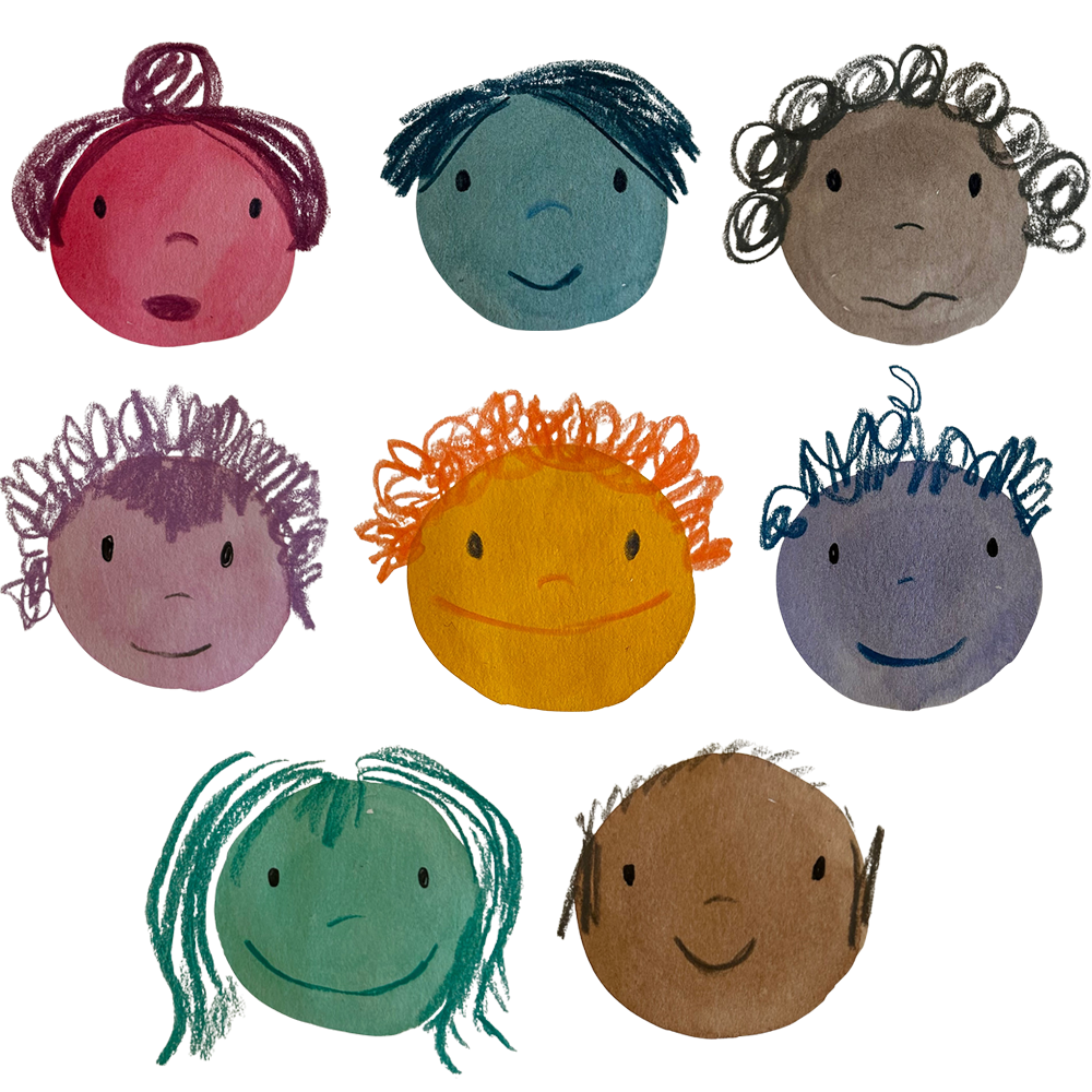 Hand-drawn colourful faces illustration representing connection and diversity.