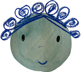 Blue-haired felt face with gentle expression.