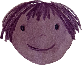 Purple felt face with short hair, friendly smile.